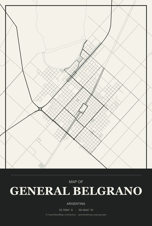 General Belgrano, Argentina City Map Aluminum Sign in Museum Plaque style