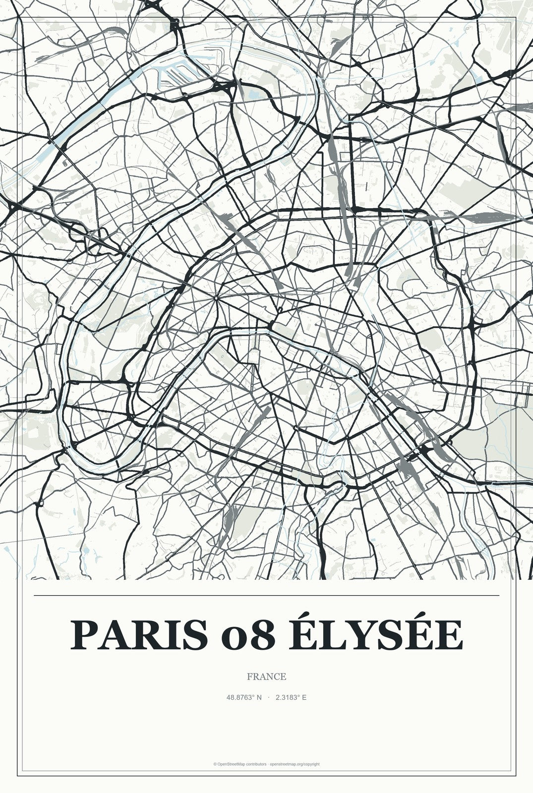Paris 08 Élysée, France City Map Aluminum Sign in Gallery Air style
