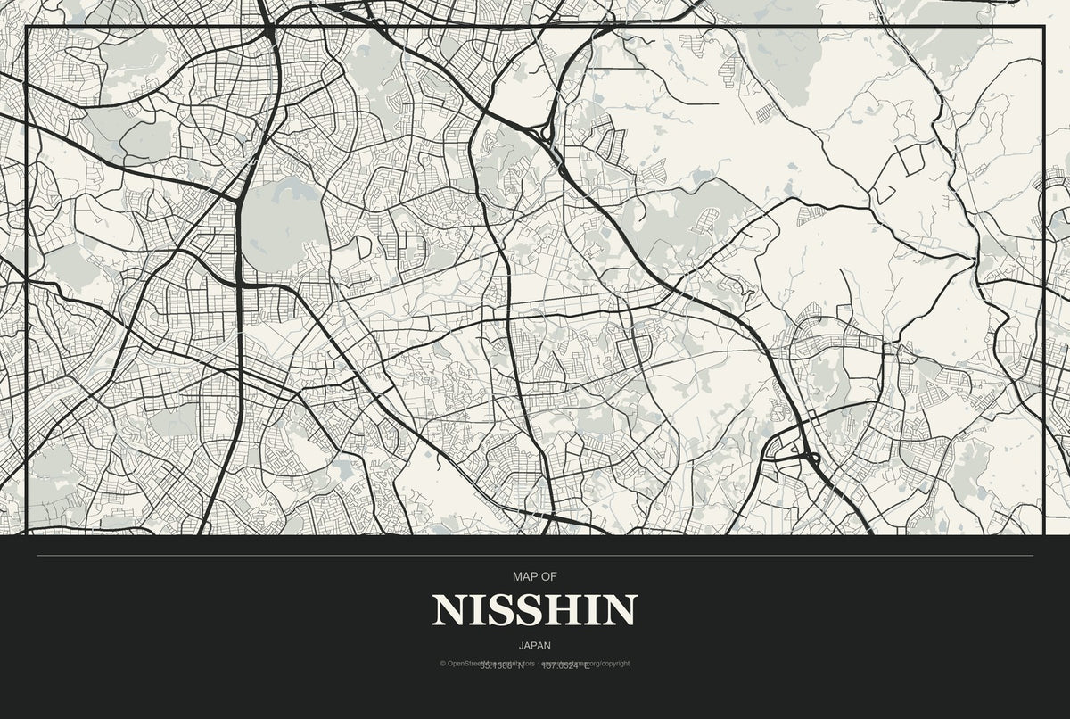 Nisshin, Japan City Map Aluminum Sign in Museum Plaque style