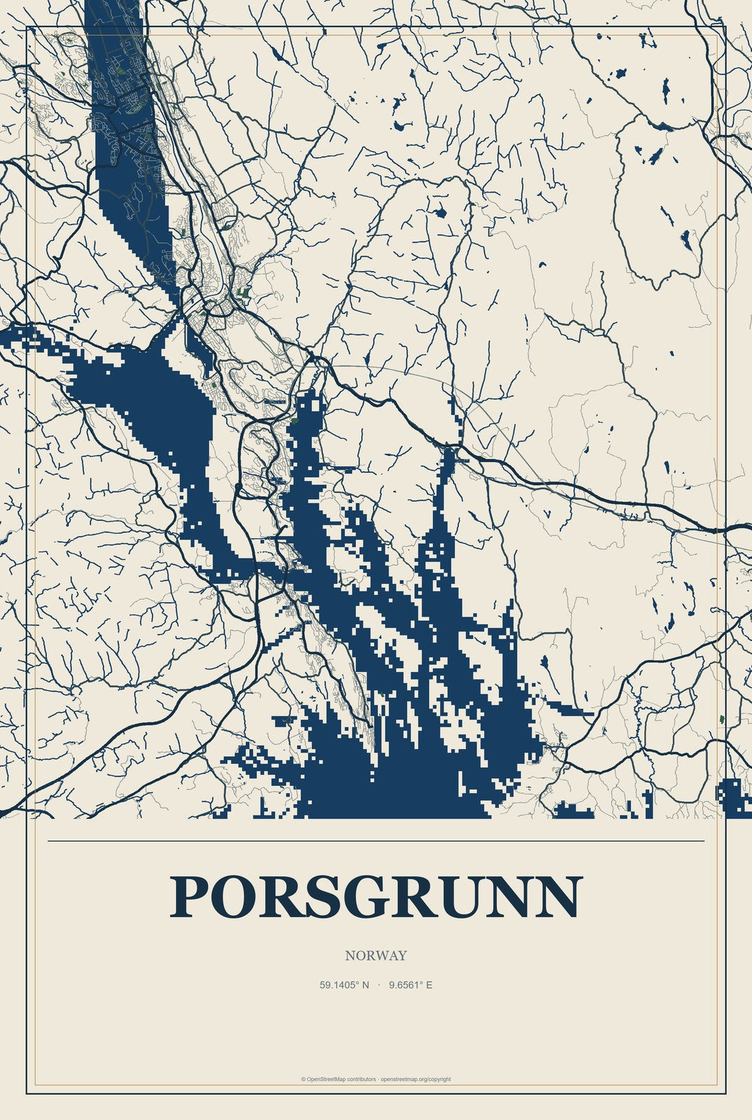 Porsgrunn, Norway City Map Aluminum Sign in Coastal Cutout style
