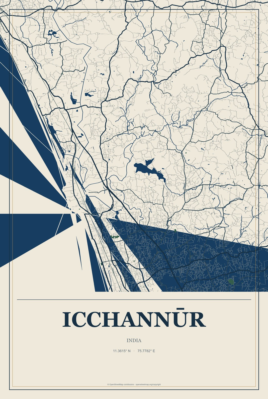 Icchannūr, India City Map Aluminum Sign in Coastal Cutout style