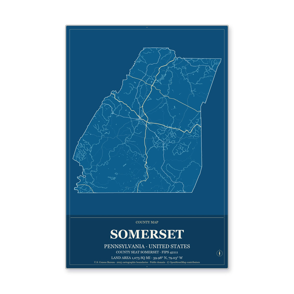 Somerset County, Pennsylvania Map Aluminum Sign in Harbor Cobalt style