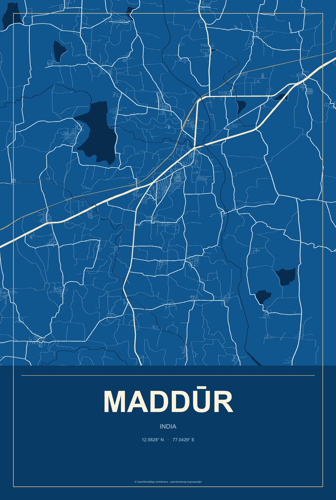 Maddūr, India City Map Aluminum Sign in Harbor Cobalt style