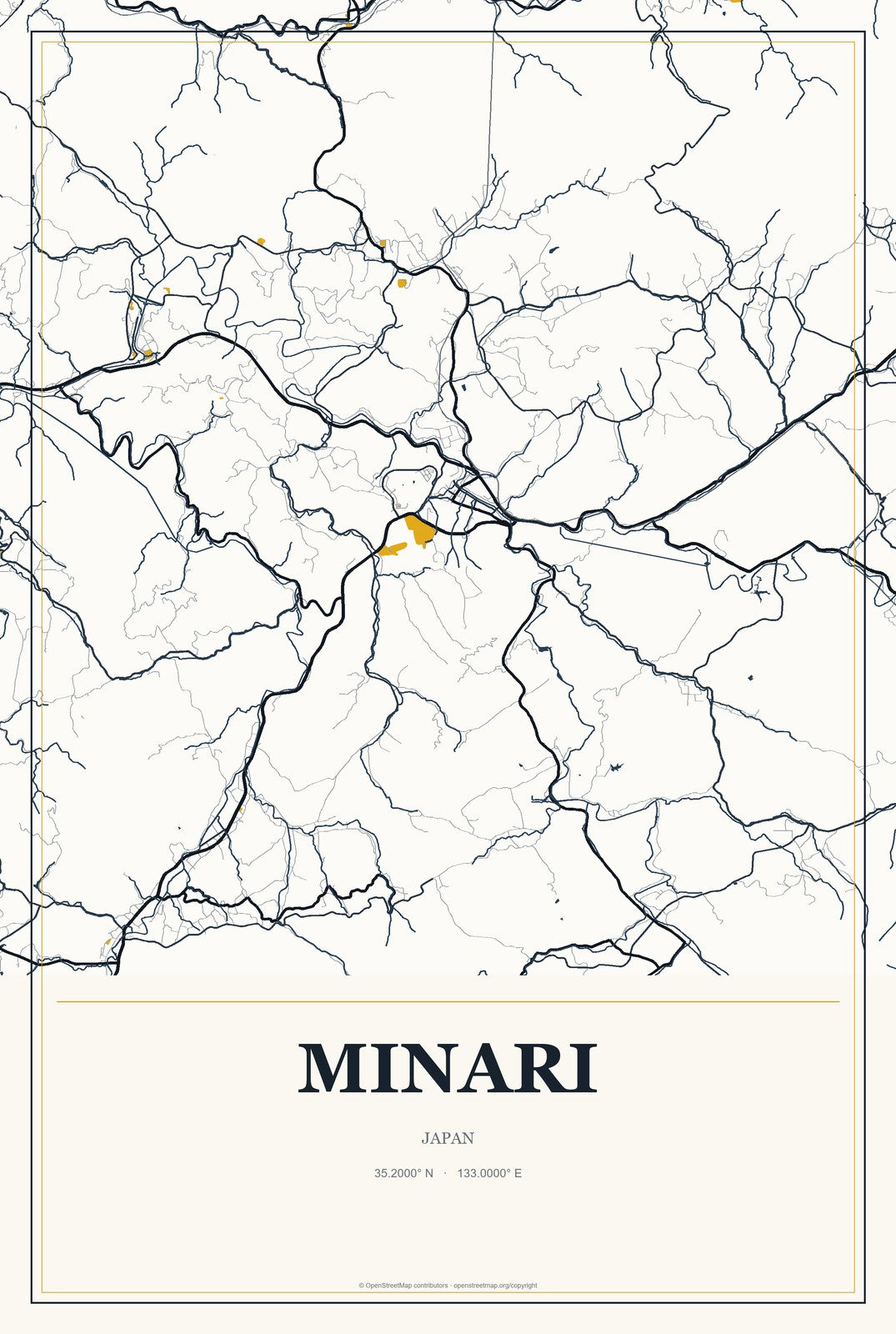 Minari, Japan City Map Aluminum Sign in Citrine Modern style