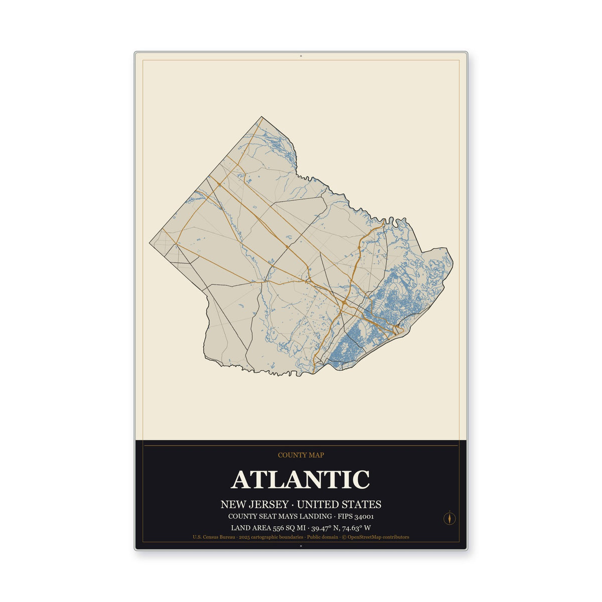 Atlantic County, New Jersey Map Aluminum Sign in Museum Plaque style