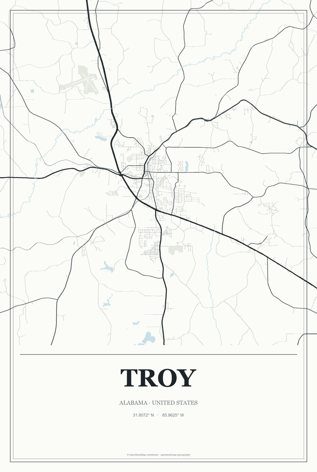 Troy, Alabama City Map Aluminum Sign in Gallery Air style