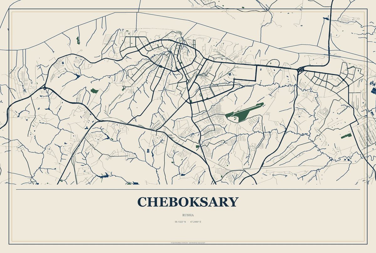 Cheboksary, Russia City Map Aluminum Sign in Coastal Cutout style