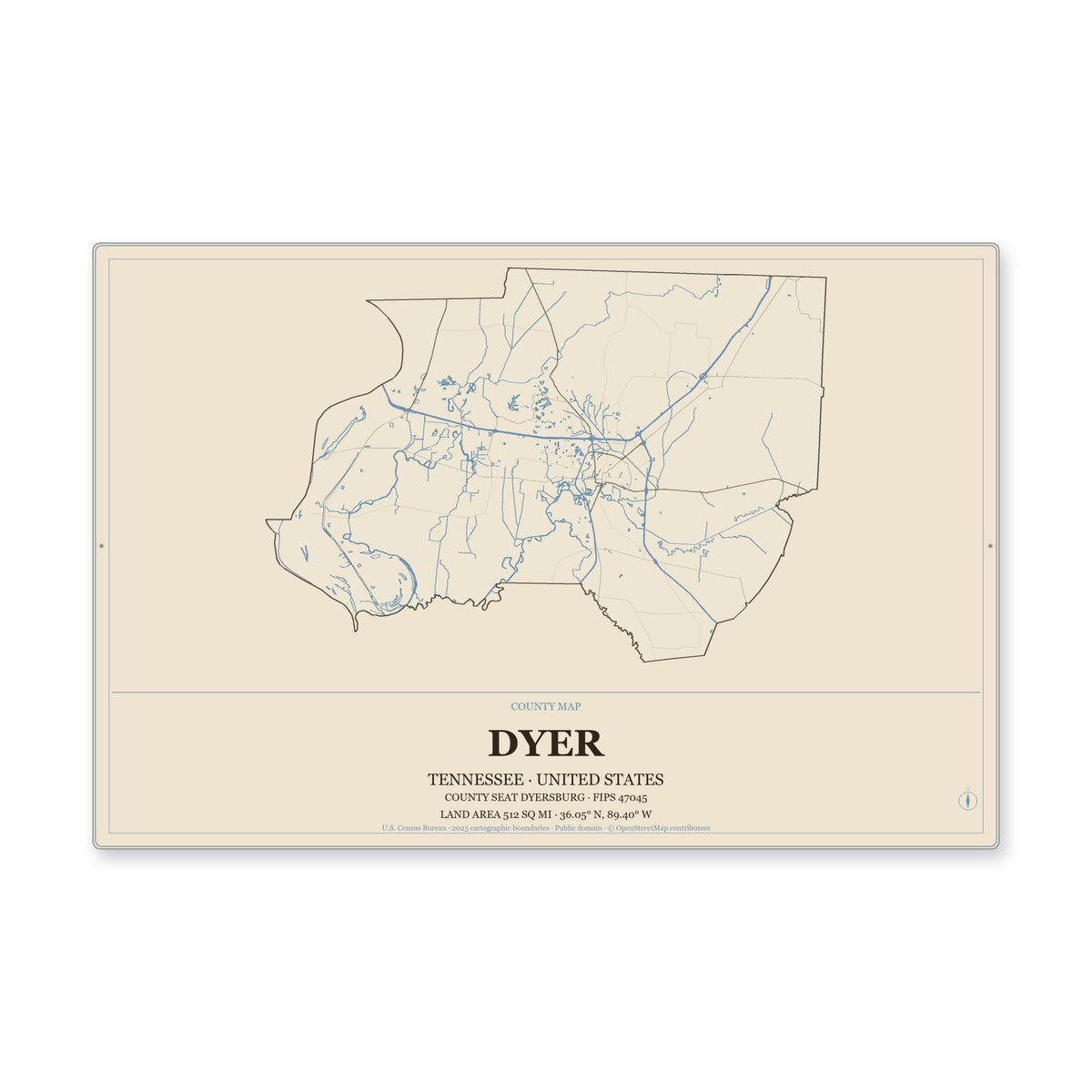 Dyer County, Tennessee Map Aluminum Sign in Heritage Nautical style