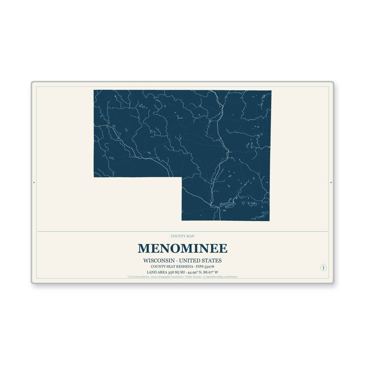 Menominee County, Wisconsin Map Aluminum Sign in Coastal Cutout style