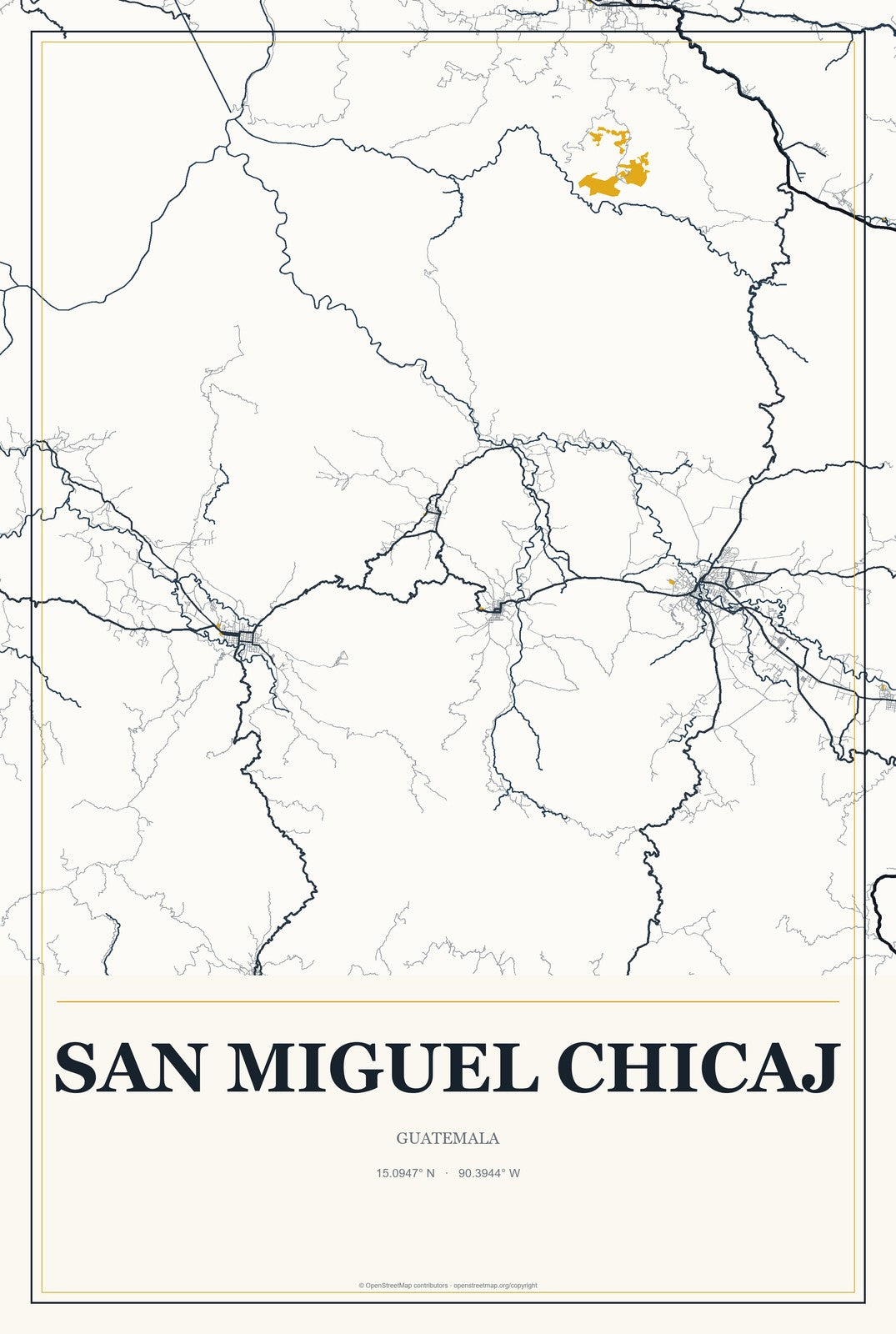 San Miguel Chicaj, Guatemala City Map Aluminum Sign in Citrine Modern style