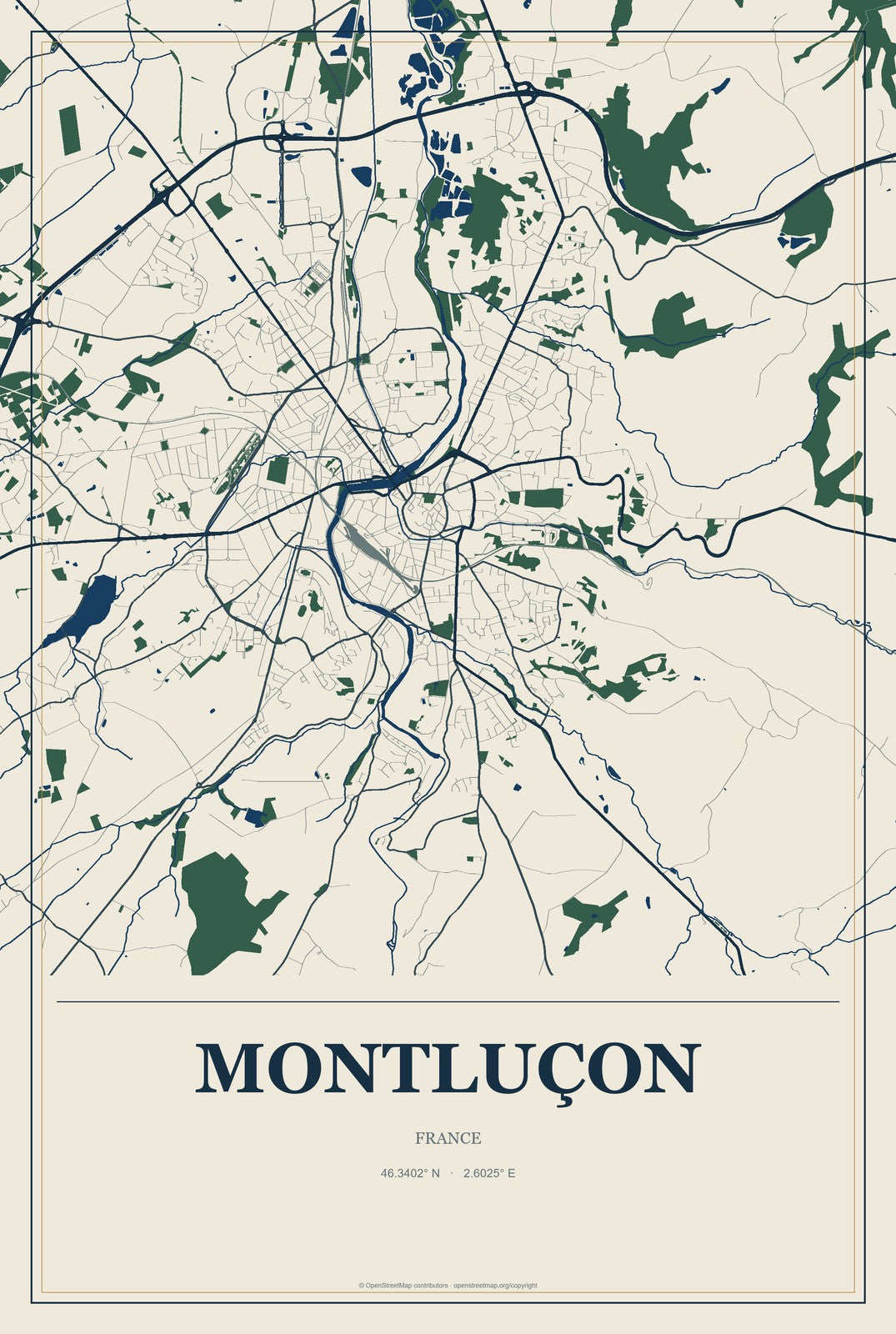 Montluçon, France City Map Aluminum Sign in Coastal Cutout style
