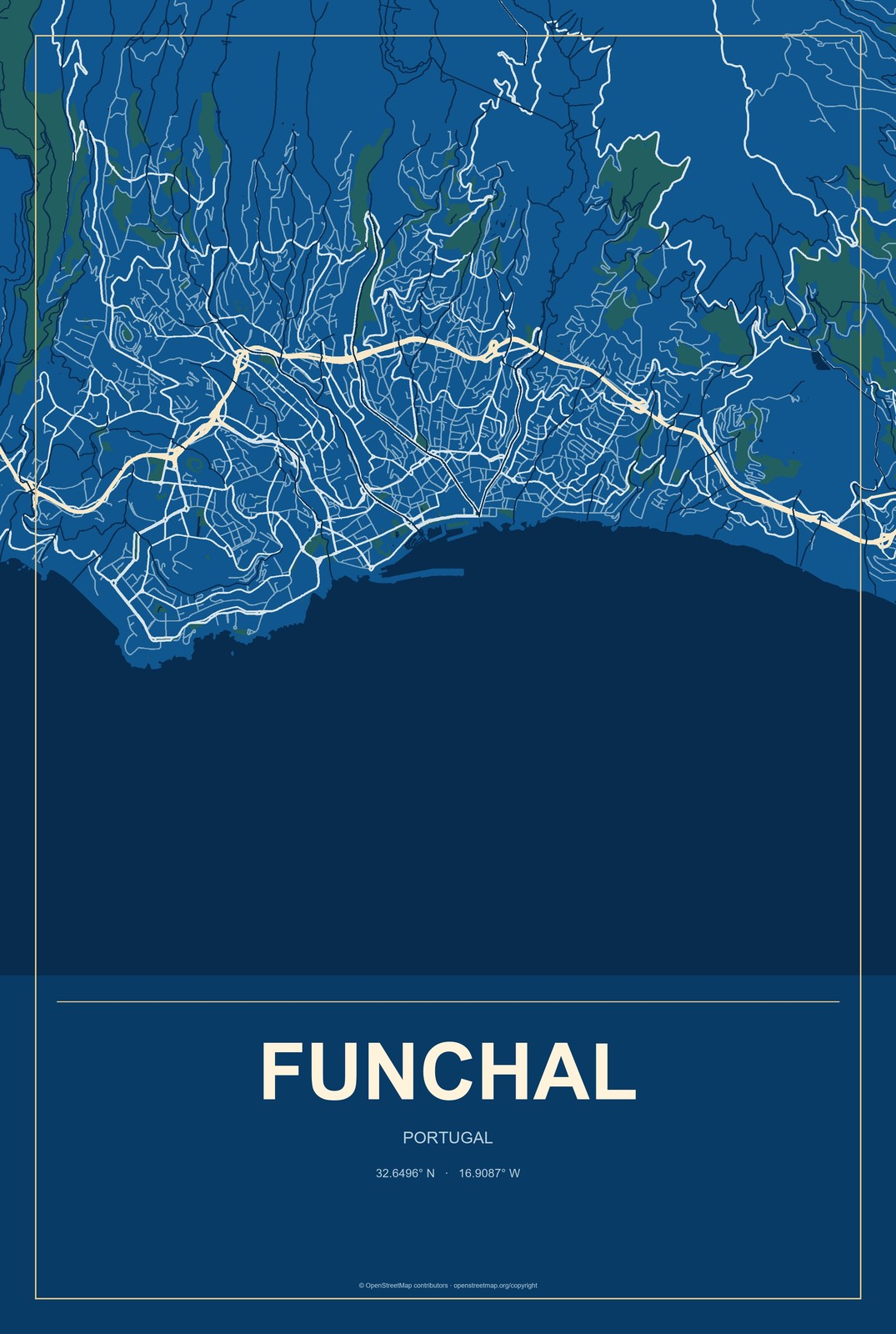Funchal, Portugal City Map Aluminum Sign in Harbor Cobalt style
