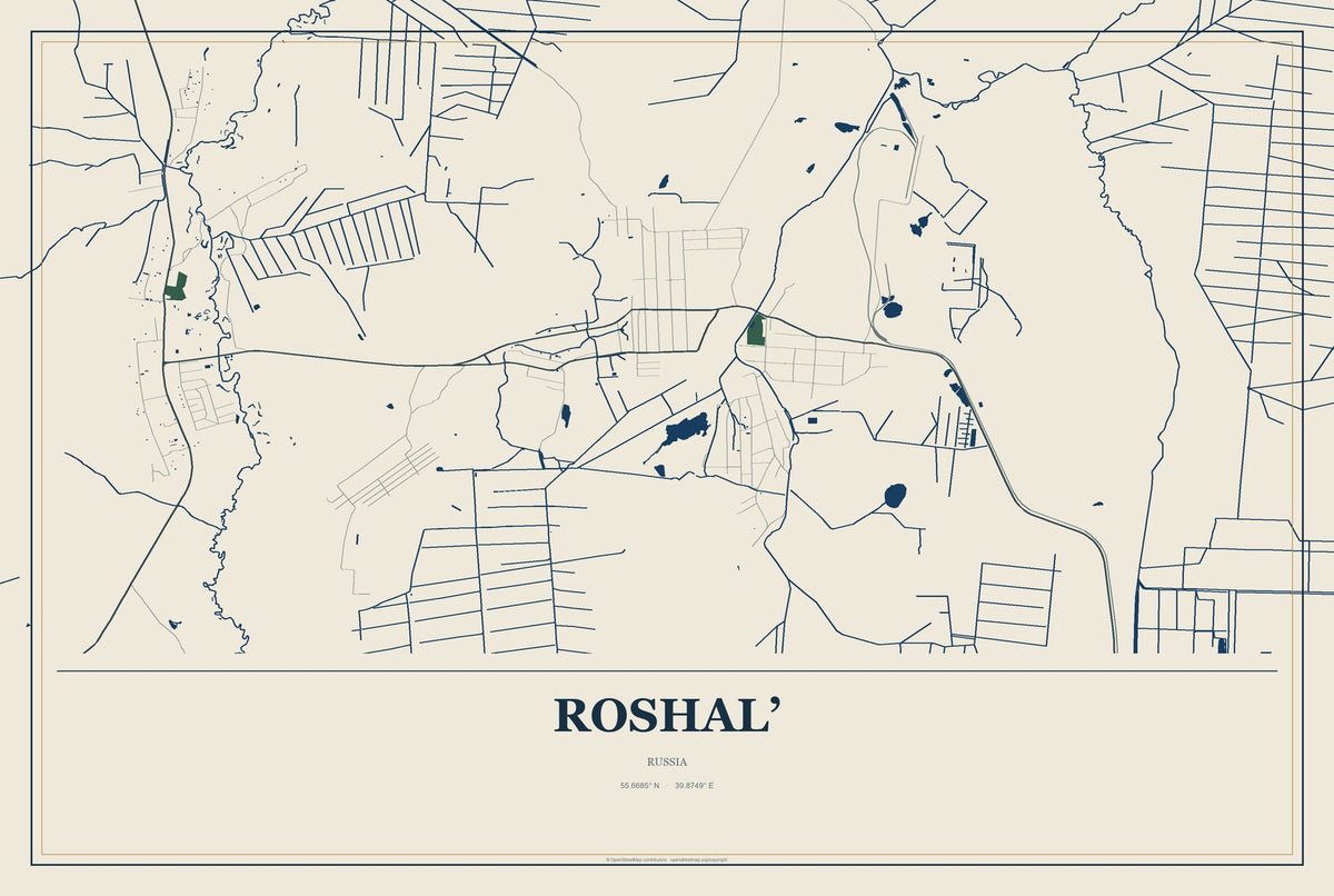 Roshal’, Russia City Map Aluminum Sign in Coastal Cutout style