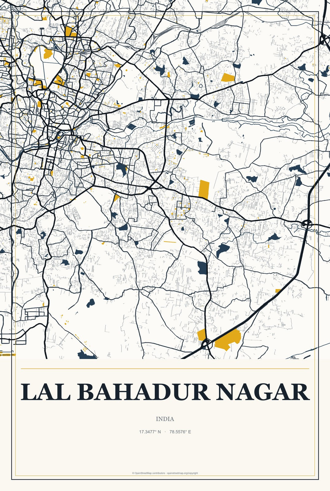 Lal Bahadur Nagar, India City Map Aluminum Sign in Citrine Modern style