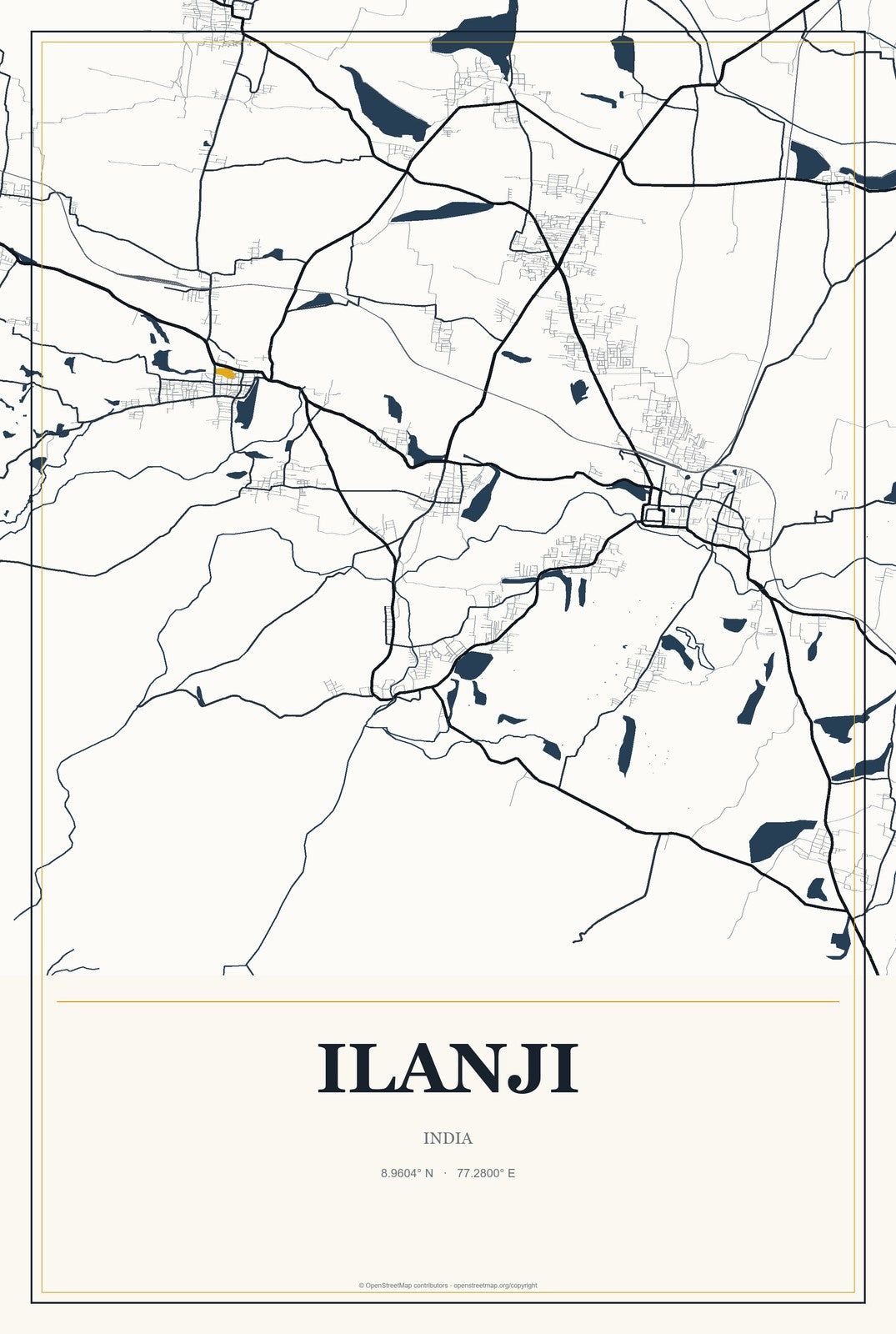 Ilanji, India City Map Aluminum Sign in Citrine Modern style