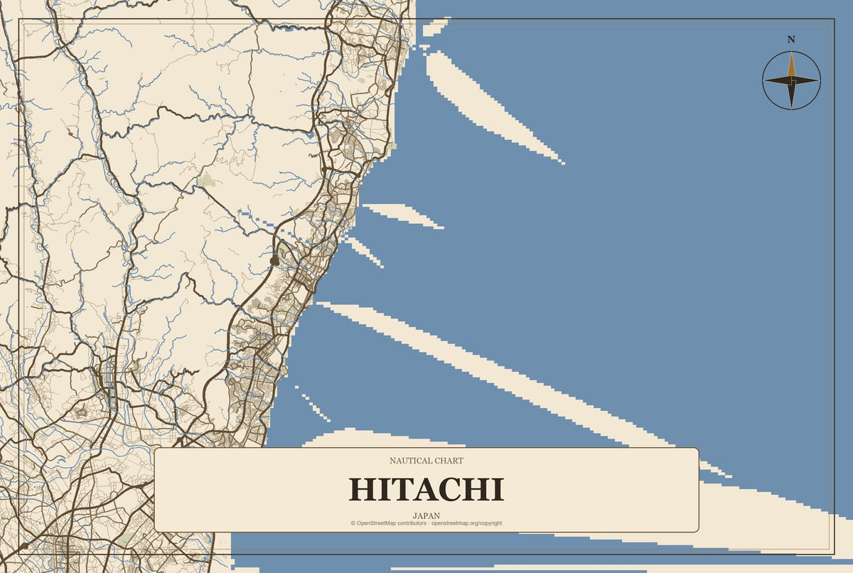 Hitachi, Japan City Map Aluminum Sign in Heritage Nautical style