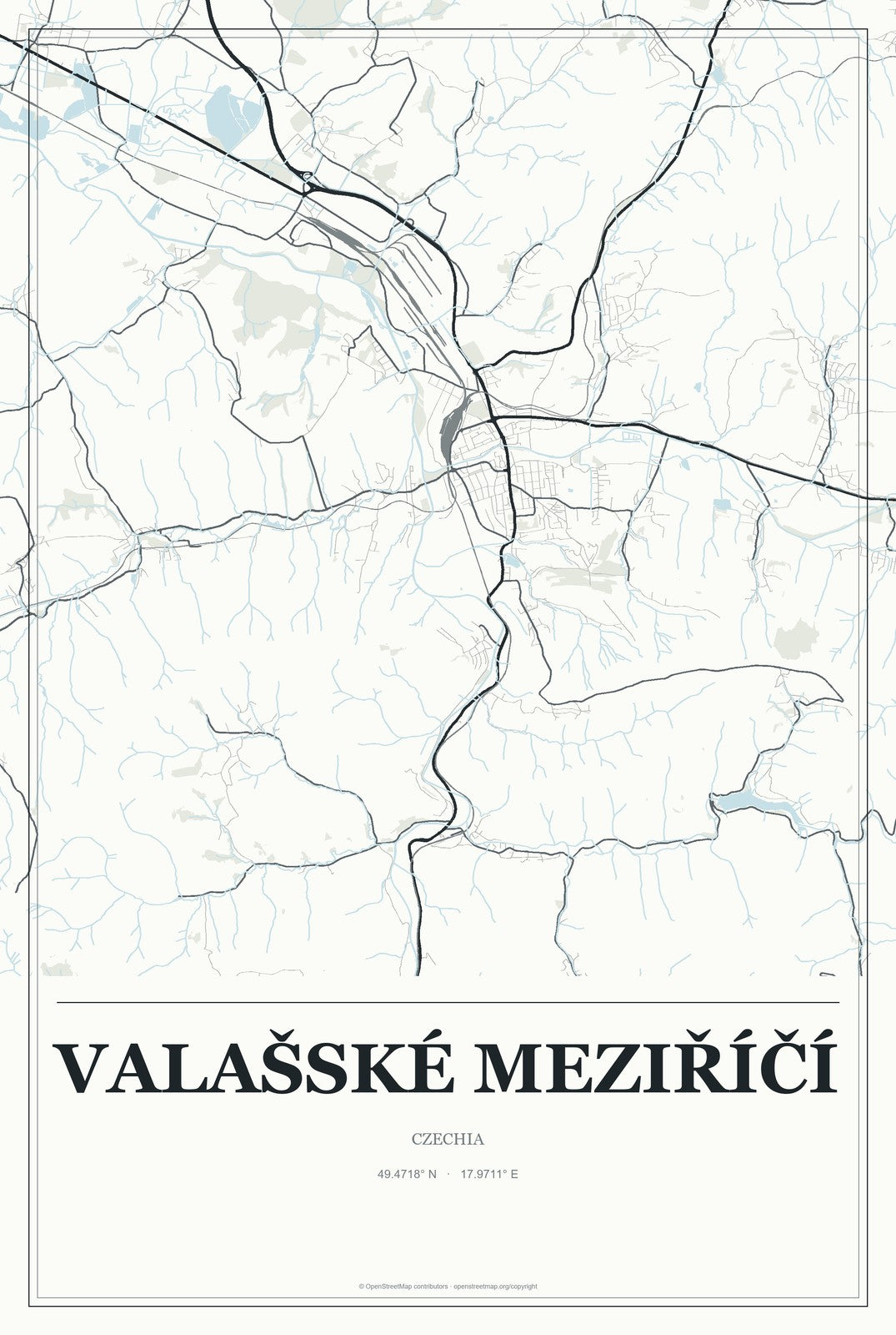 Valašské Meziříčí, Czechia City Map Aluminum Sign in Gallery Air style