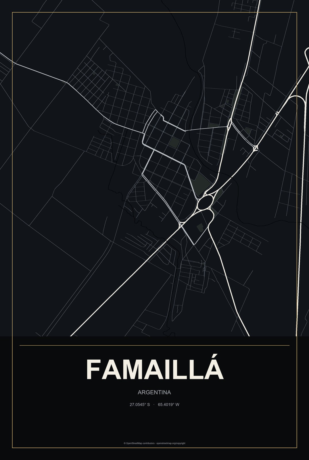 Famaillá, Argentina City Map Aluminum Sign in Metropolitan Noir style