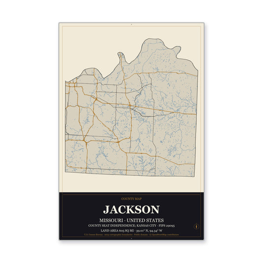 Jackson County, Missouri Map Aluminum Sign in Museum Plaque style