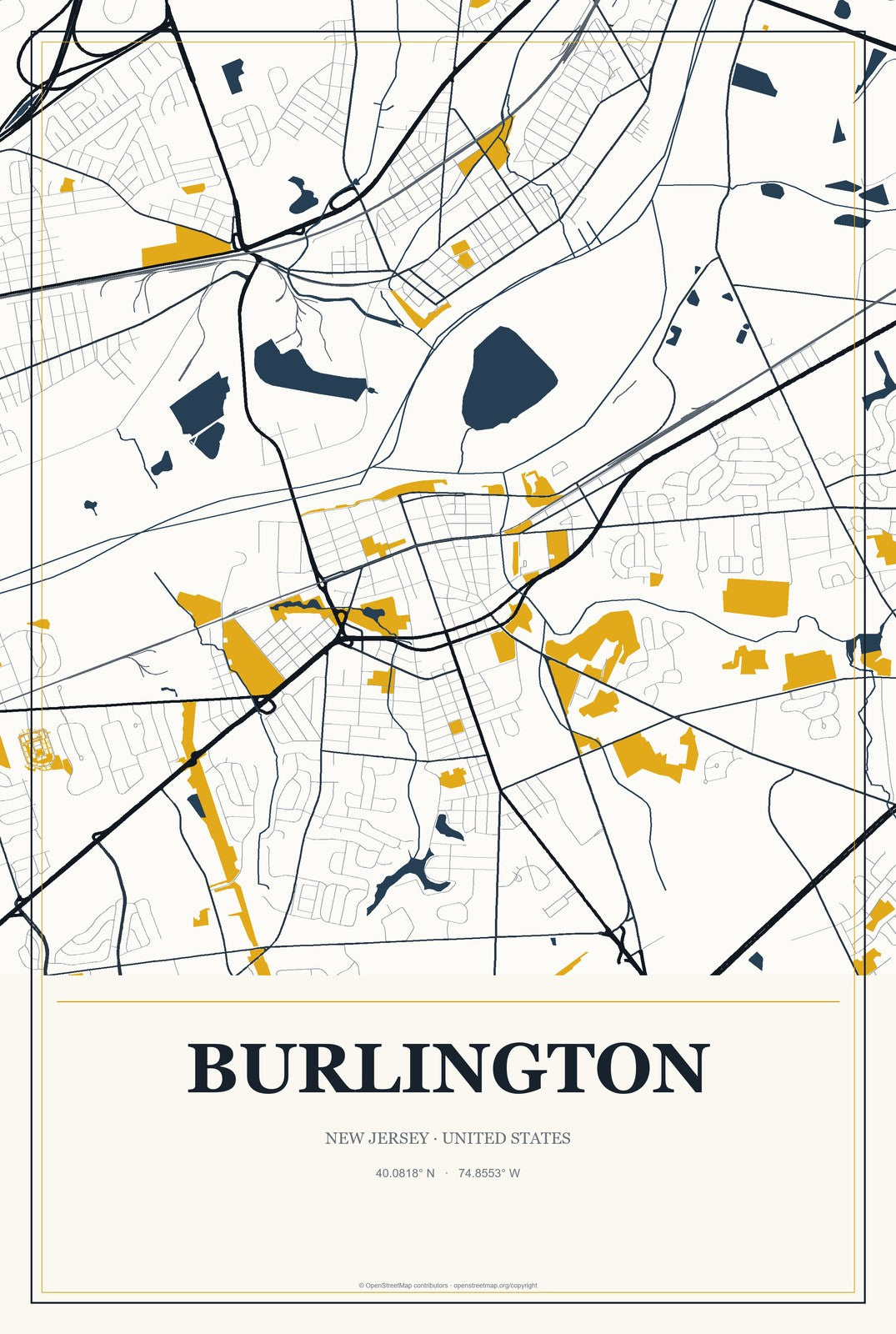 Burlington, New Jersey City Map Aluminum Sign in Citrine Modern style