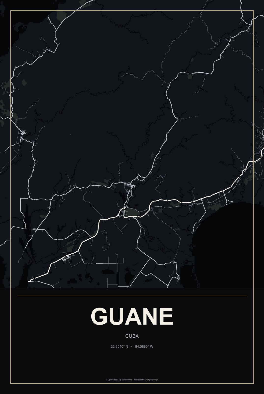 Guane, Cuba City Map Aluminum Sign in Metropolitan Noir style