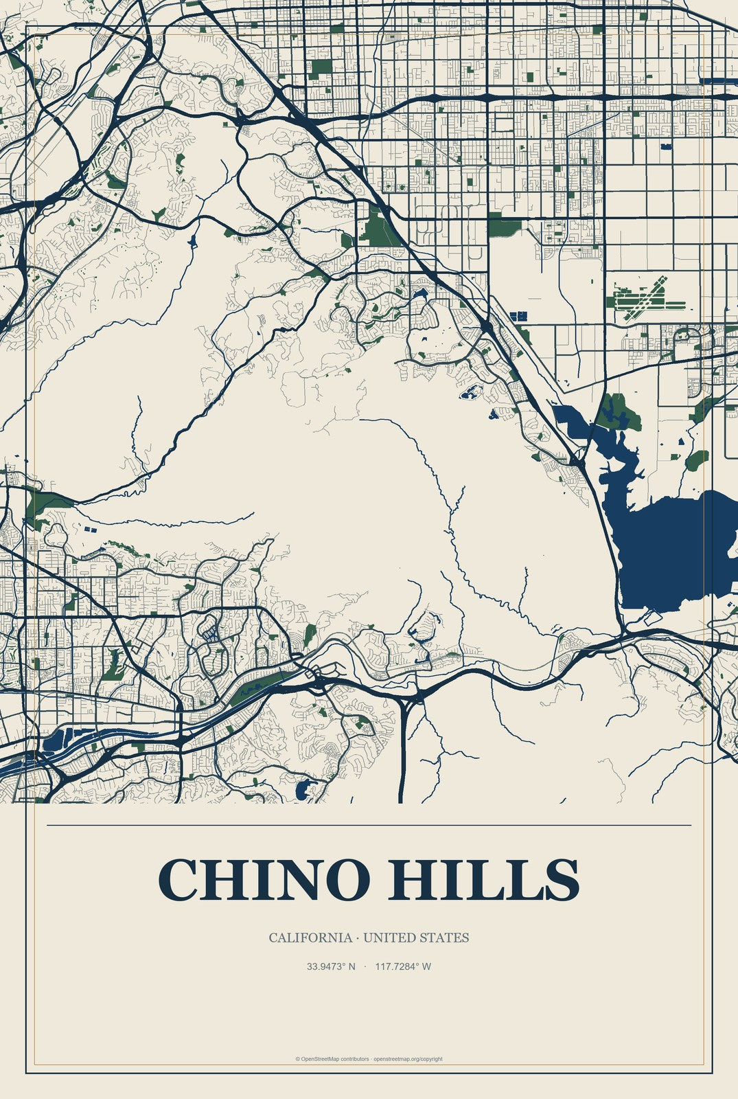 Chino Hills, California City Map Aluminum Sign in Coastal Cutout style