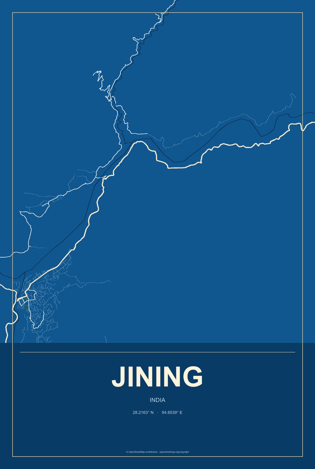 Jining, India City Map Aluminum Sign in Harbor Cobalt style
