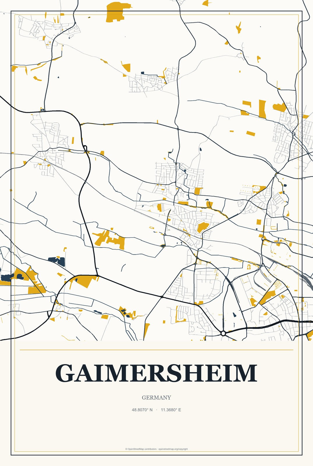 Gaimersheim, Germany City Map Aluminum Sign in Citrine Modern style