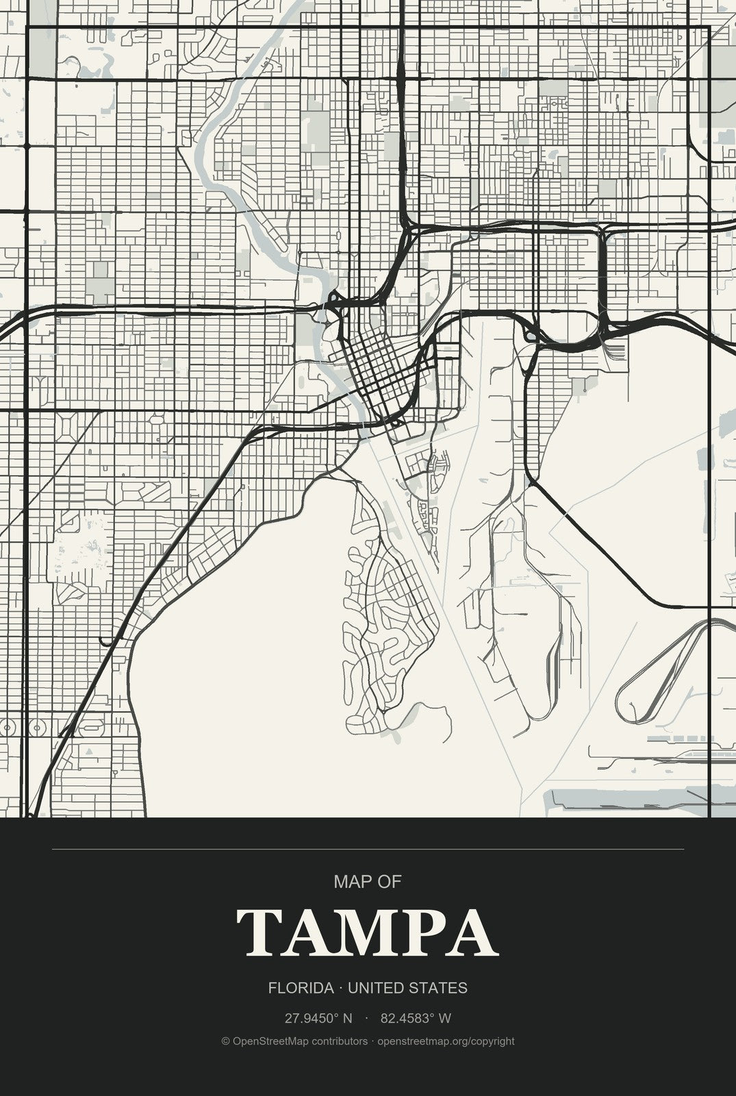 Tampa, Florida City Map Aluminum Sign in Museum Plaque style