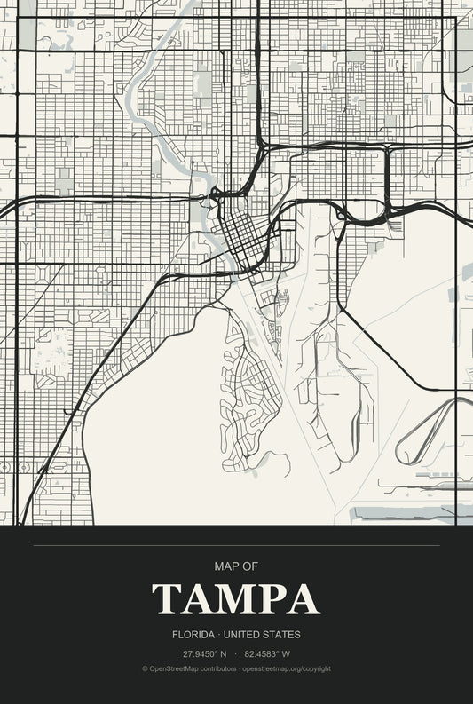 Tampa, Florida City Map Aluminum Sign in Museum Plaque style
