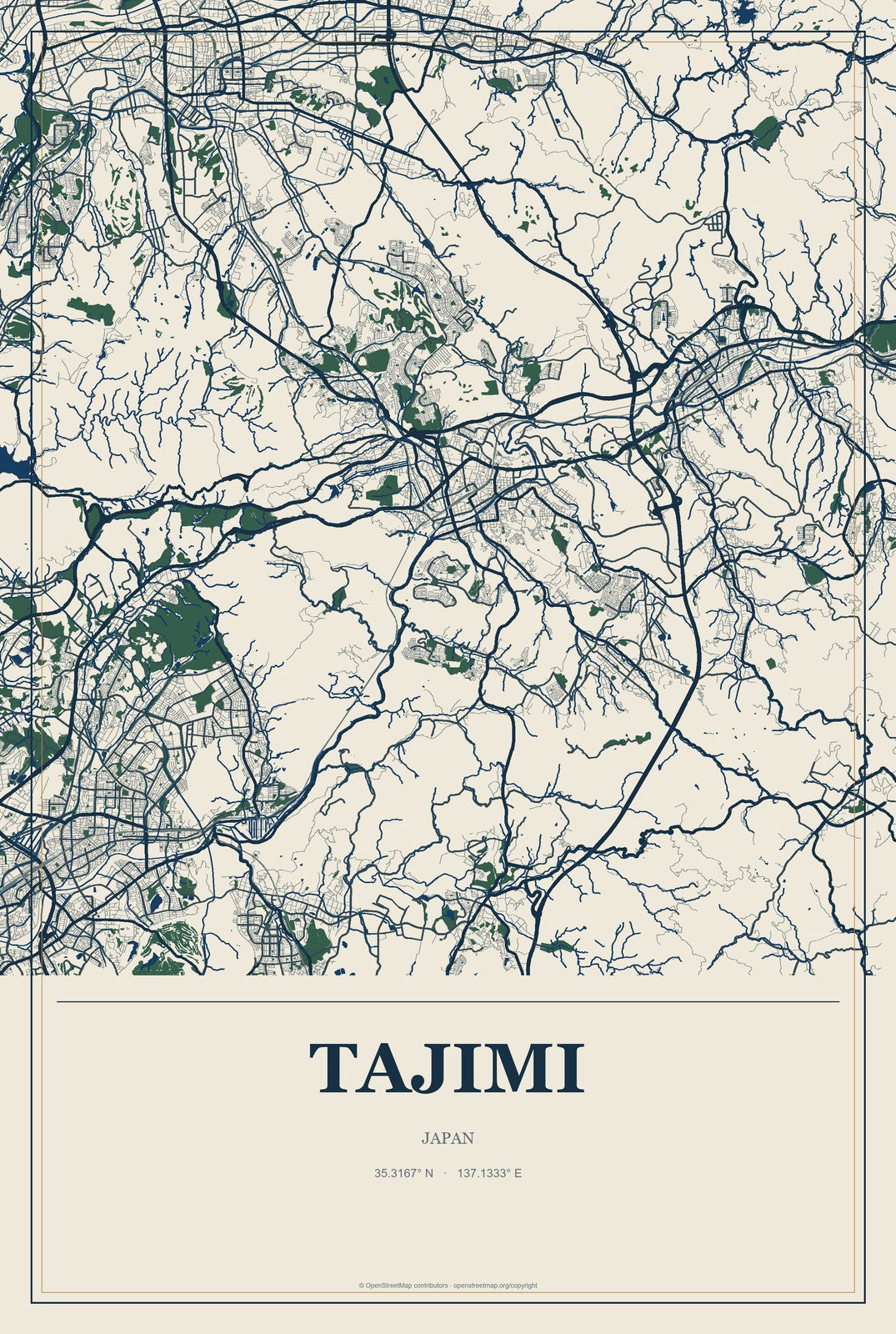 Tajimi, Japan City Map Aluminum Sign in Coastal Cutout style