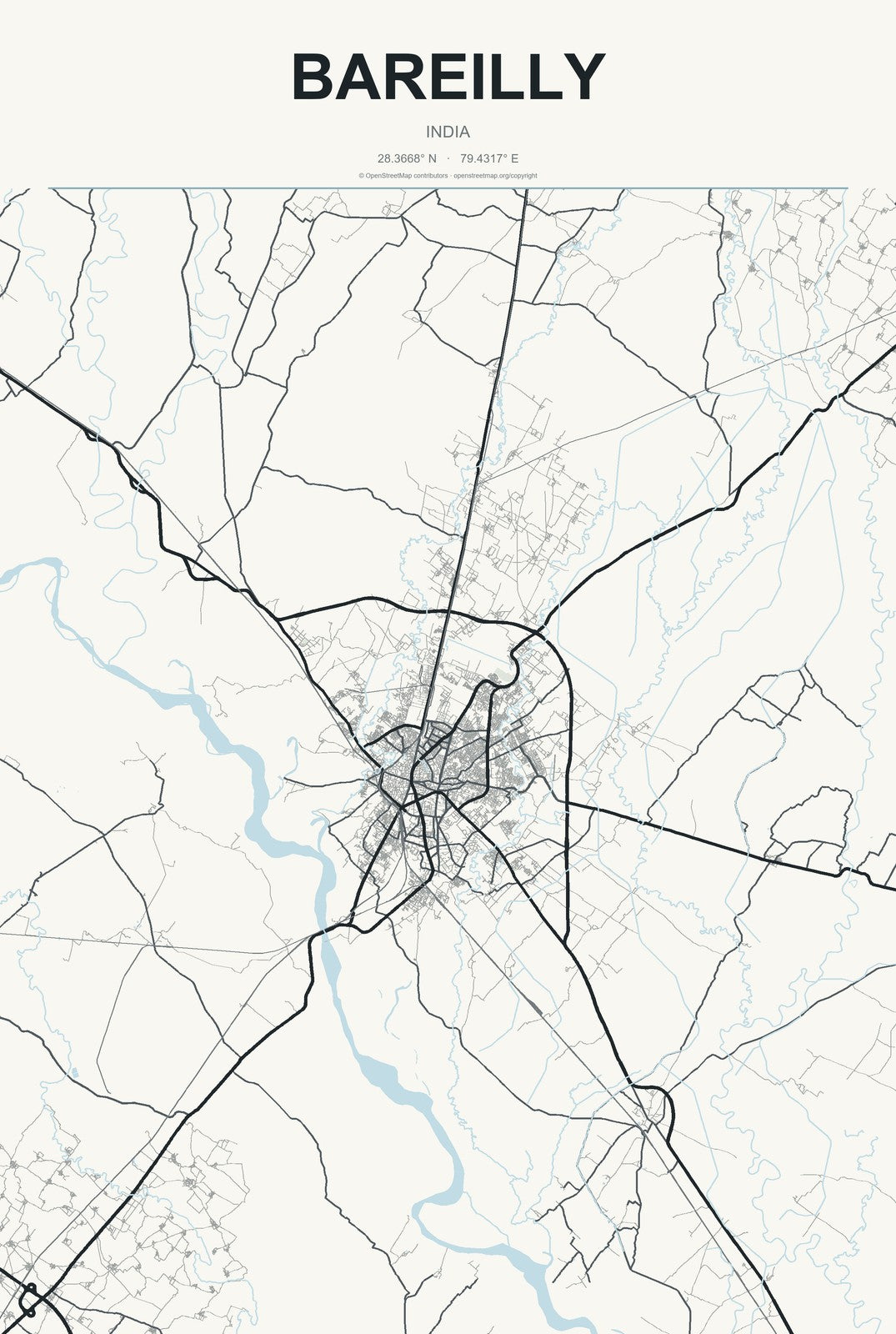 Bareilly, India City Map Aluminum Sign in Headline Atlas style