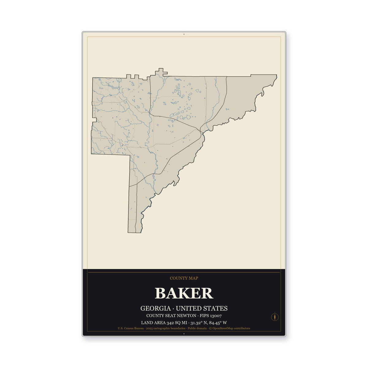 Baker County, Georgia Map Aluminum Sign in Museum Plaque style