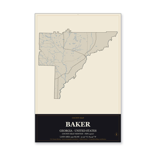 Baker County, Georgia Map Aluminum Sign in Museum Plaque style