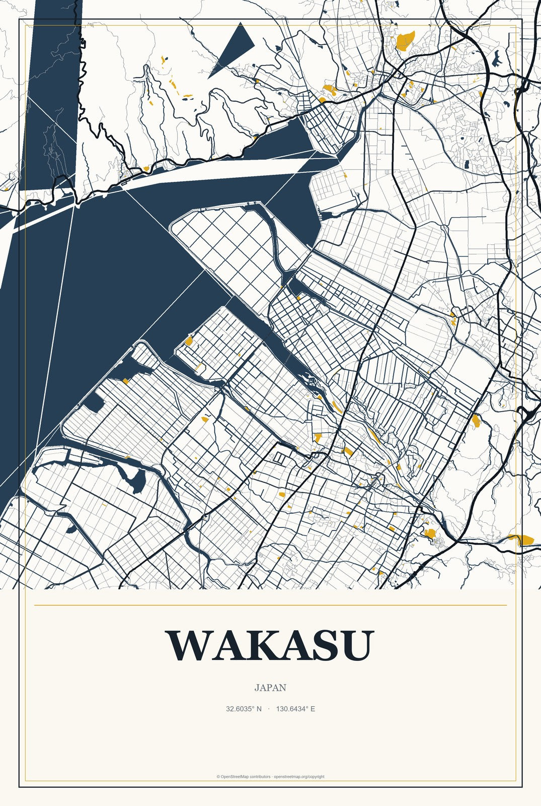 Wakasu, Japan City Map Aluminum Sign in Citrine Modern style