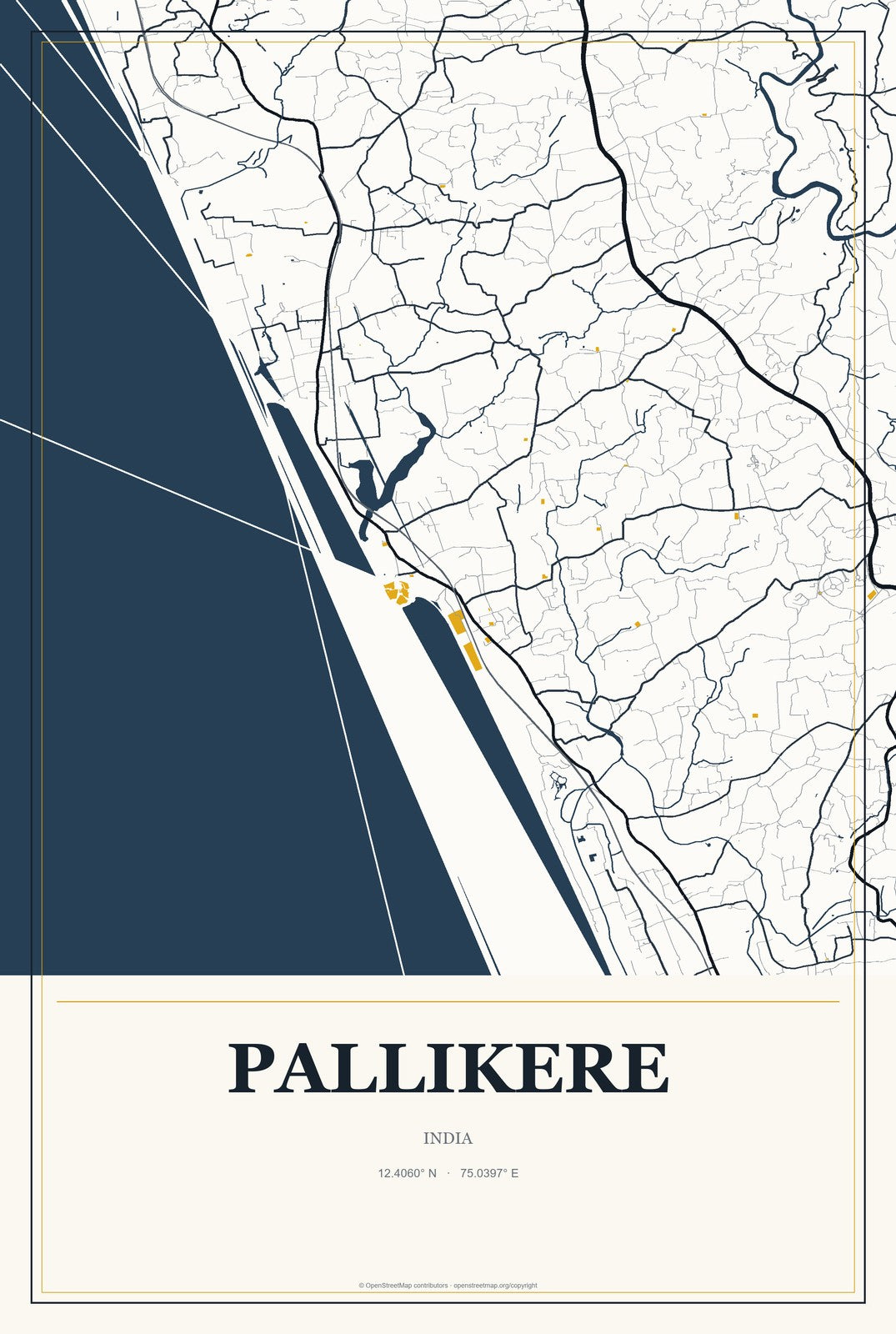 Pallikere, India City Map Aluminum Sign in Citrine Modern style
