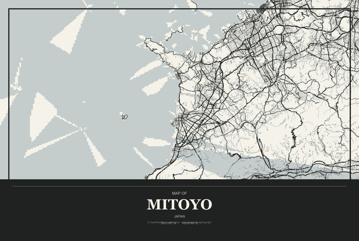 Mitoyo, Japan City Map Aluminum Sign in Museum Plaque style