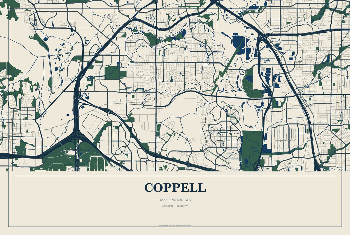 Coppell, Texas City Map Aluminum Sign in Coastal Cutout style