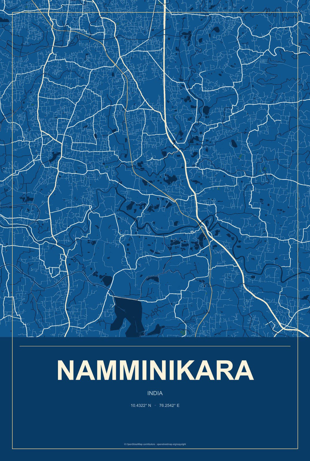 Namminikara, India City Map Aluminum Sign in Harbor Cobalt style