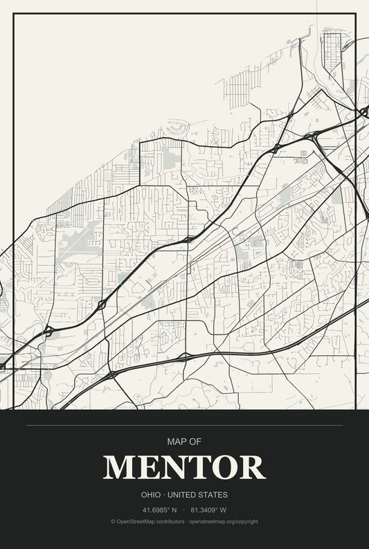 Mentor, Ohio City Map Aluminum Sign in Museum Plaque style