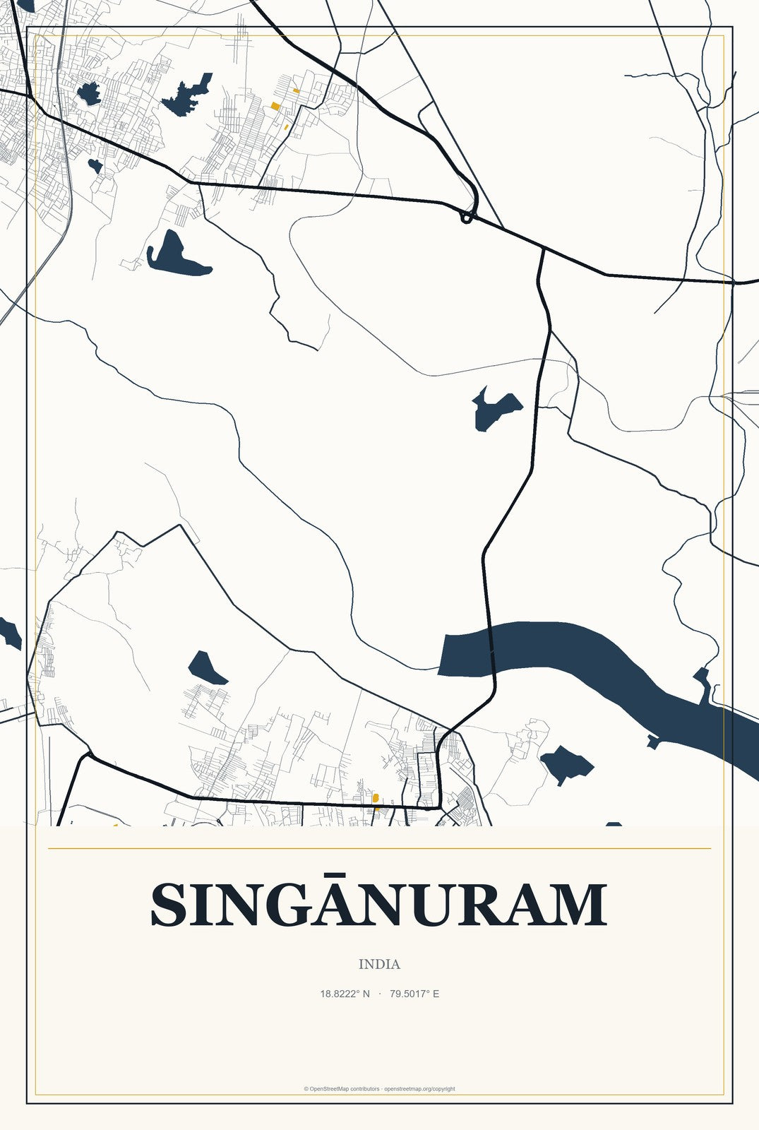 Singānuram, India City Map Aluminum Sign in Citrine Modern style