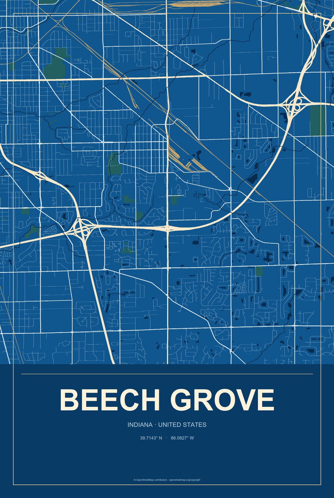 Beech Grove, Indiana City Map Aluminum Sign in Harbor Cobalt style