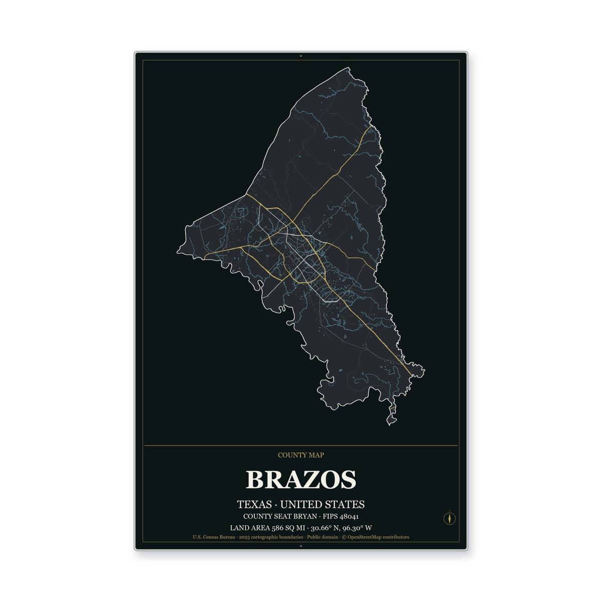 Brazos County, Texas Map Aluminum Sign in Metropolitan Noir style