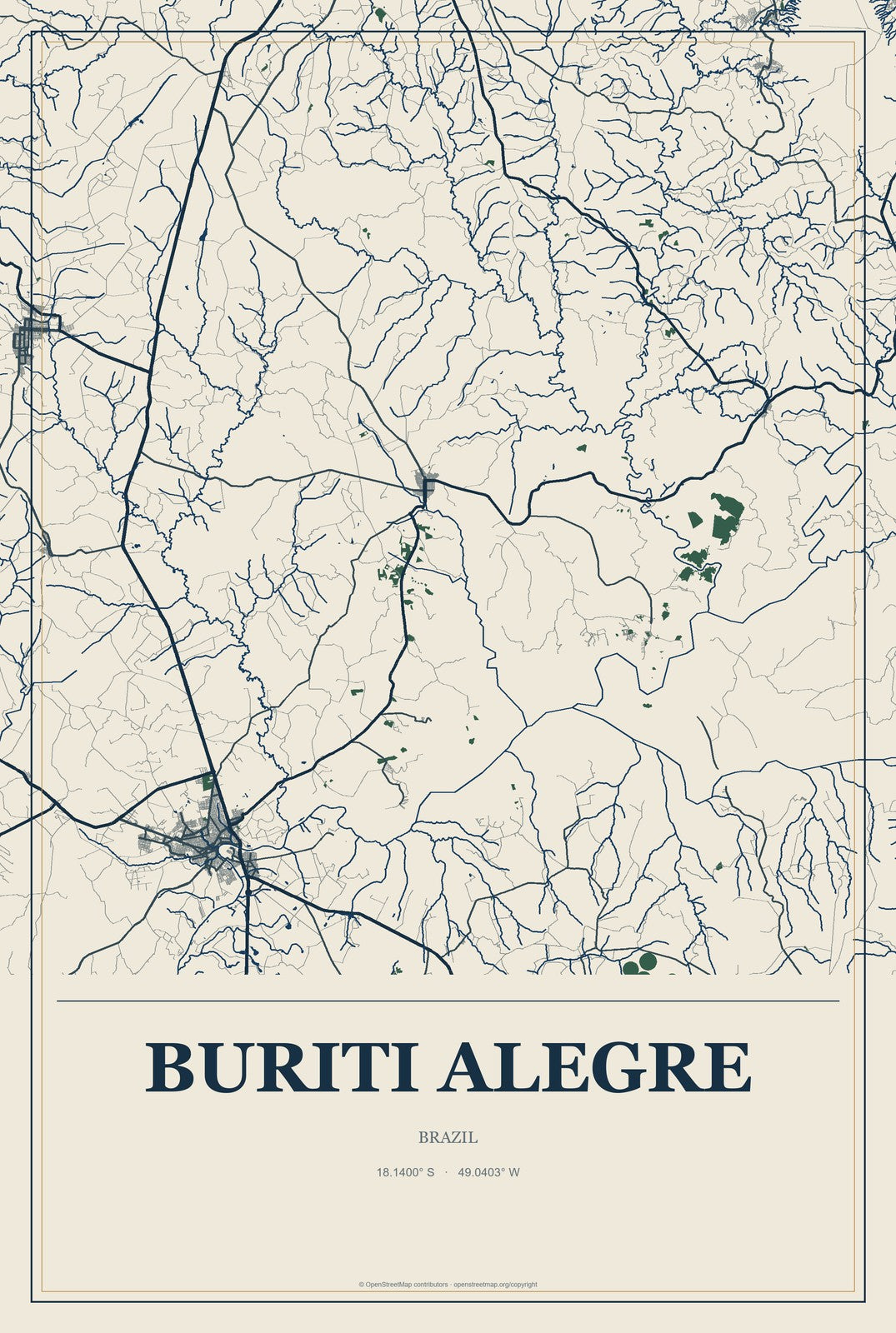 Buriti Alegre, Brazil City Map Aluminum Sign in Coastal Cutout style