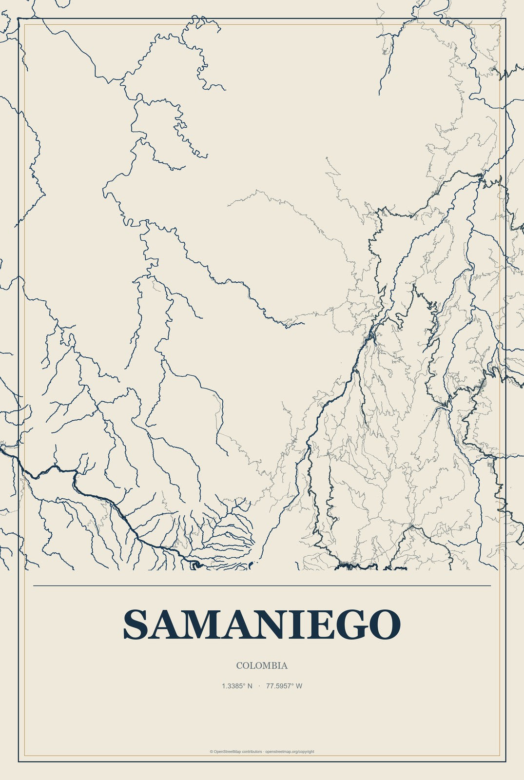 Samaniego, Colombia City Map Aluminum Sign in Coastal Cutout style