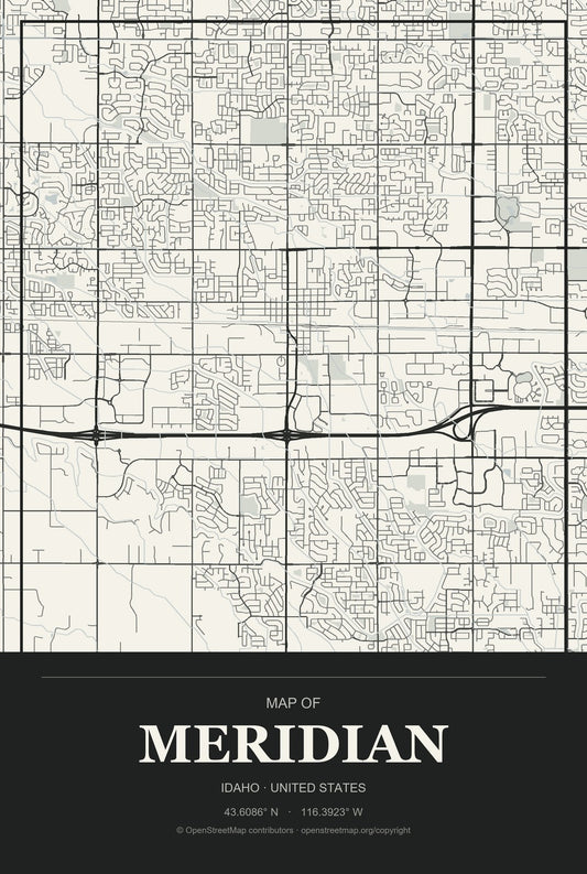 Meridian, Idaho City Map Aluminum Sign in Museum Plaque style