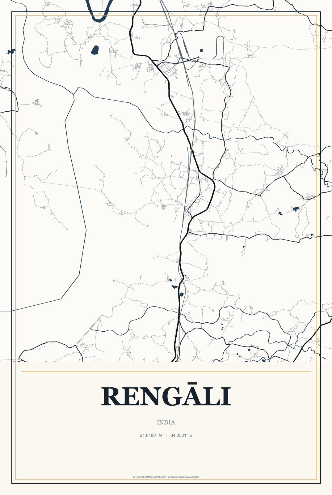 Rengāli, India City Map Aluminum Sign in Citrine Modern style