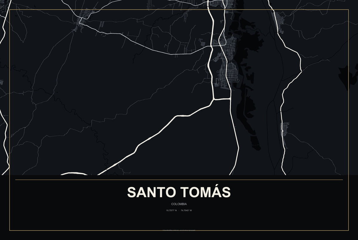 Santo Tomás, Colombia City Map Aluminum Sign in Metropolitan Noir style
