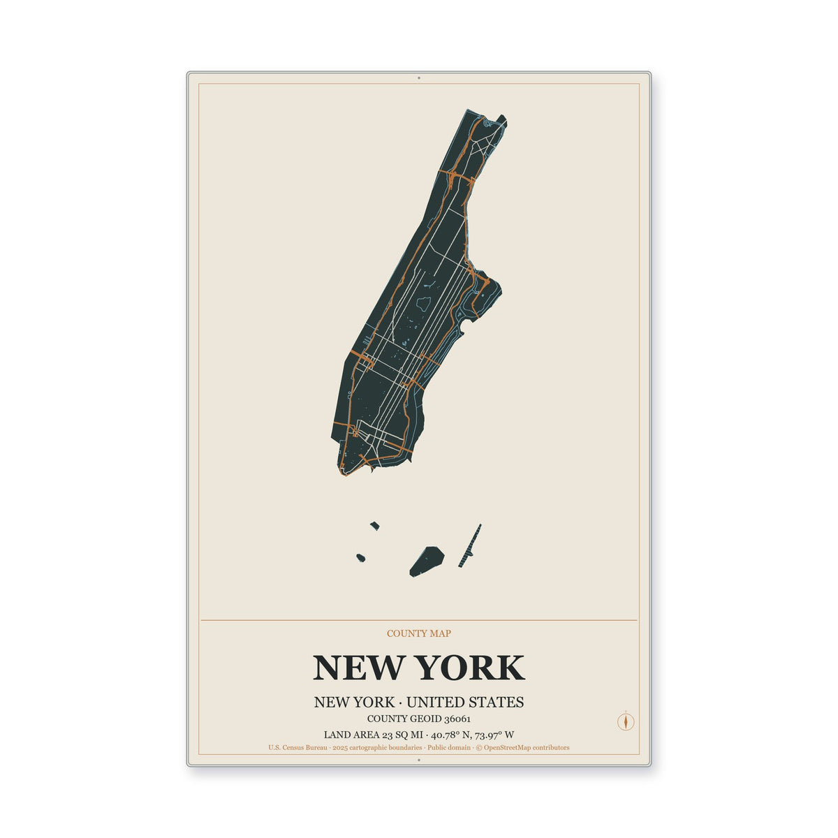 New York County, New York Map Aluminum Sign in Headline Atlas style