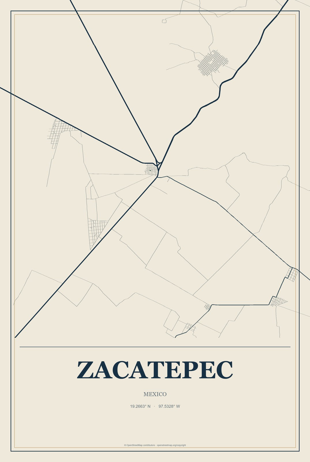 Zacatepec, Mexico City Map Aluminum Sign in Coastal Cutout style